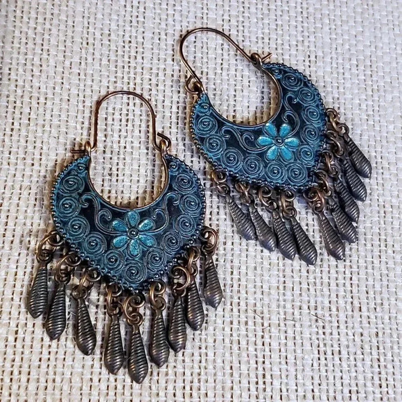 Antique Copper Verdigris Blue Green Patina Moroccan Ornate Dangles Earrings - Picture 4 of 6